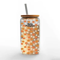Hello Pumpkin Daisy Pattern 16oz. Glass Can Cup