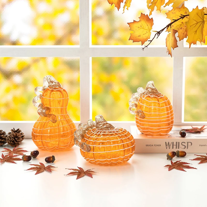 Glitzhome® Orange and White Lines Glass Pumpkin & Gourd Set