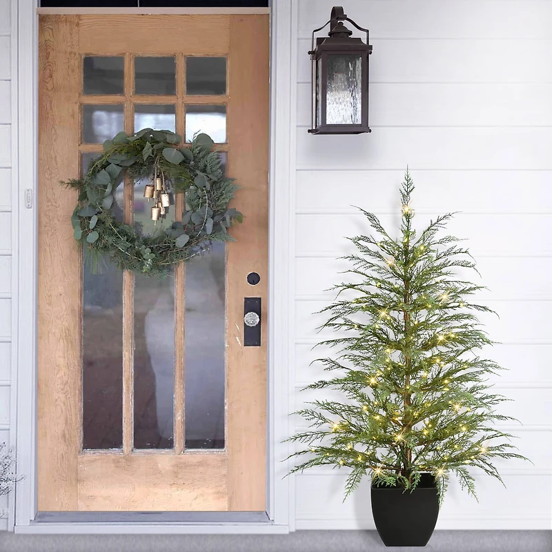 4ft. Pre-Lit Mountain Cedar Artificial Potted Christmas Tree, Warm White LED Rice Lights