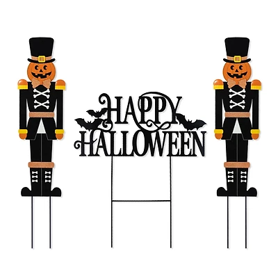 Glitzhome® 32"H Halloween Metal Nutcracker and HAPPY HALLOWEEN Yard Stake Set