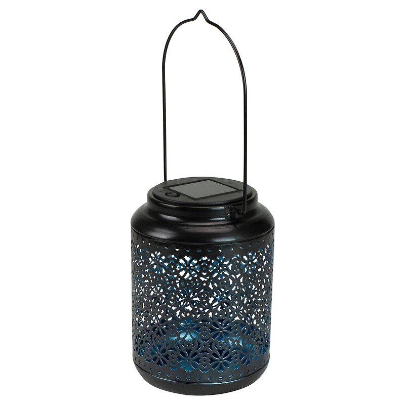 7" Black Integrated Floral LED Solar Outdoor Lantern with Handle