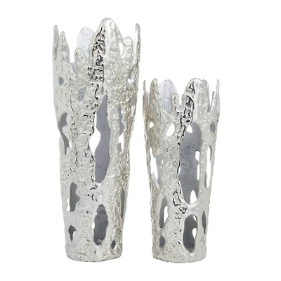 Set of 2" Silver Aluminum Contemporary Vases, 20" x 7" x 6"