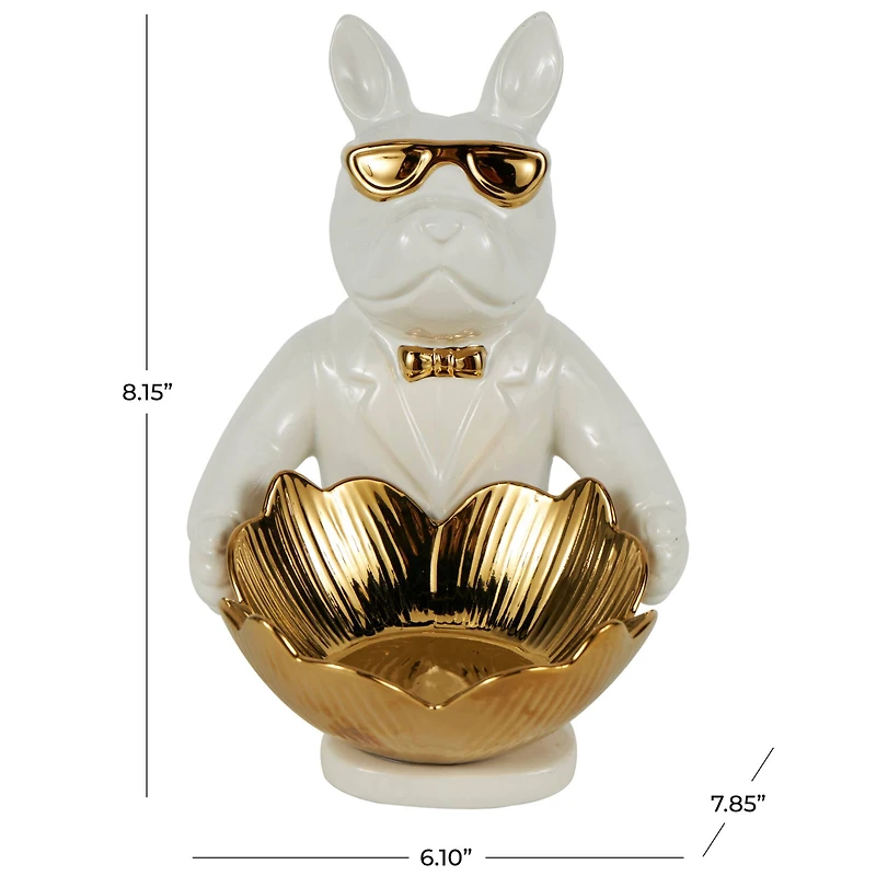 8" White Ceramic Bulldog Sculpture with Gold Accents