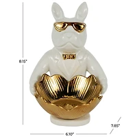 8" White Ceramic Bulldog Sculpture with Gold Accents