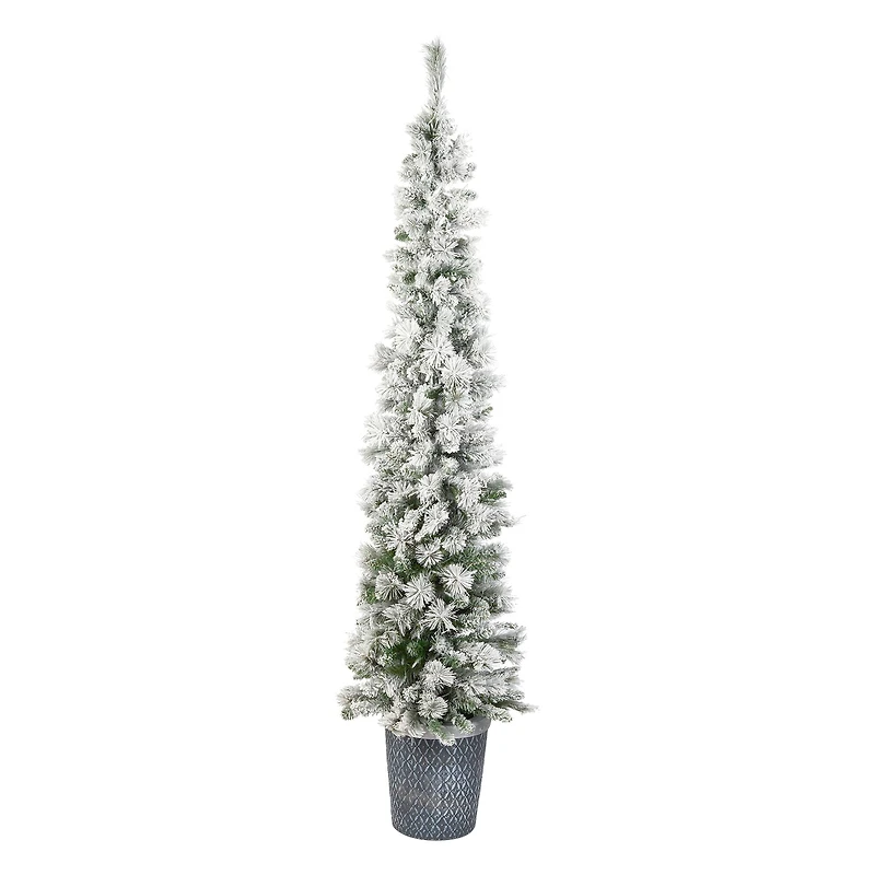 7ft. Pre-Lit Snowy Methow Pencil Artificial Christmas Entrance Tree, Warm White LED Lights