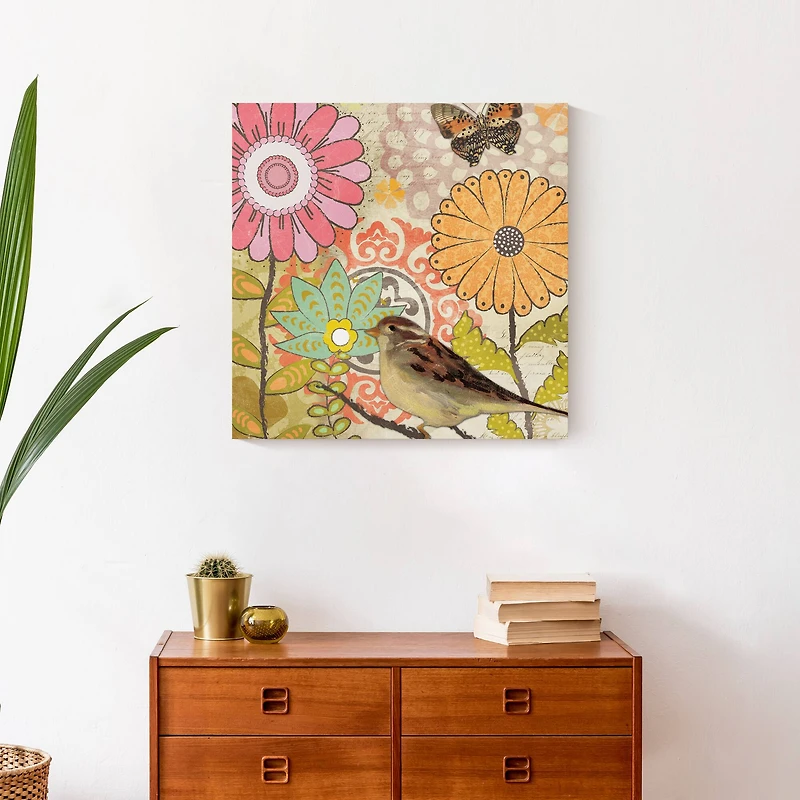 Flower Medallions With Bird 20" x 20" Canvas Wall Art