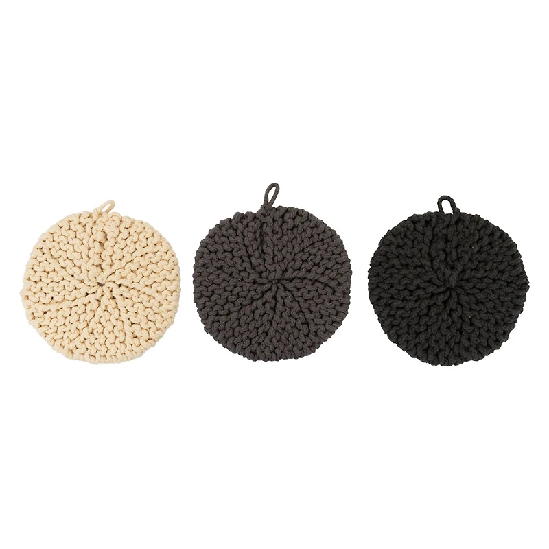 Hello Honey® 8" Black, Gray & Cream Round Cotton Crocheted Pot Holder Set