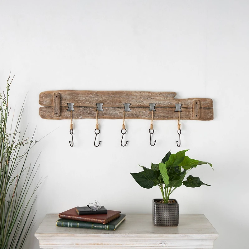 Handmade Whitewashed Brown Wood Live Edge Wall Hook with 5 Fish-Shaped Hangers