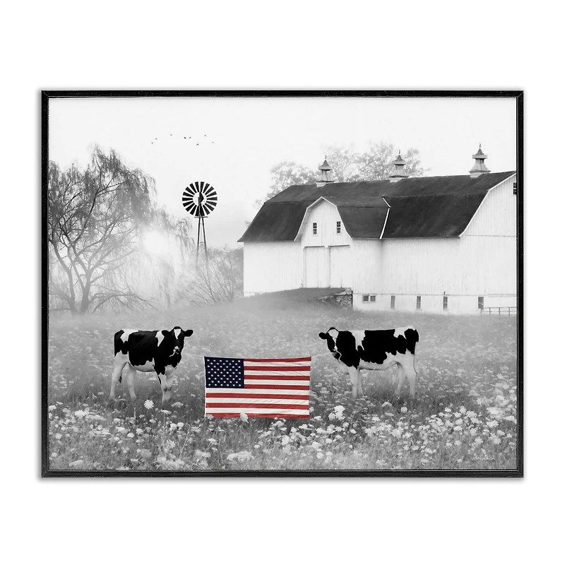 Stupell Industries Americana Barn Country Cows Flag Framed Giclee Art