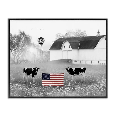 Stupell Industries Americana Barn Country Cows Flag Framed Giclee Art