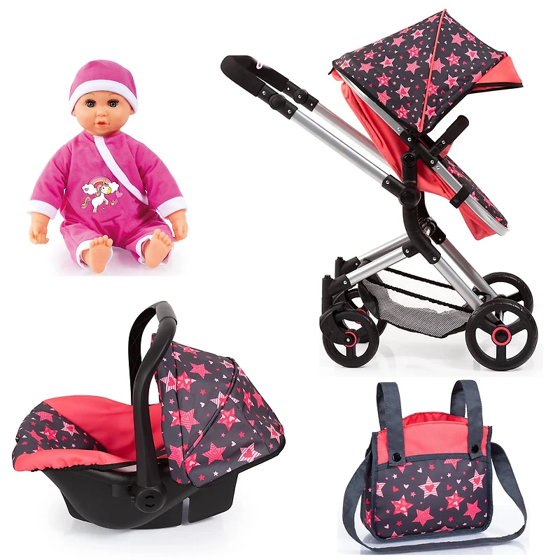 Bayer Design Neo Vario Red Stars Doll Pram & Car Seat Set
