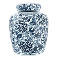 Hello Honey® 8" Blue & White Decorative Chrysanthemum Ceramic Ginger Jar with Lid