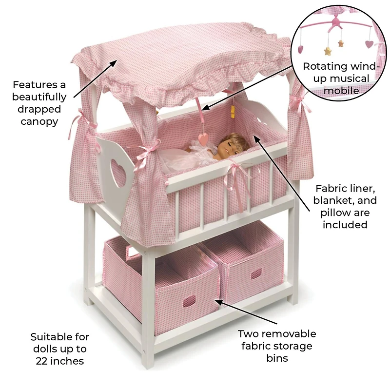 Badger Basket Pink & White Canopy Doll Crib with Baskets, Bedding & Mobile