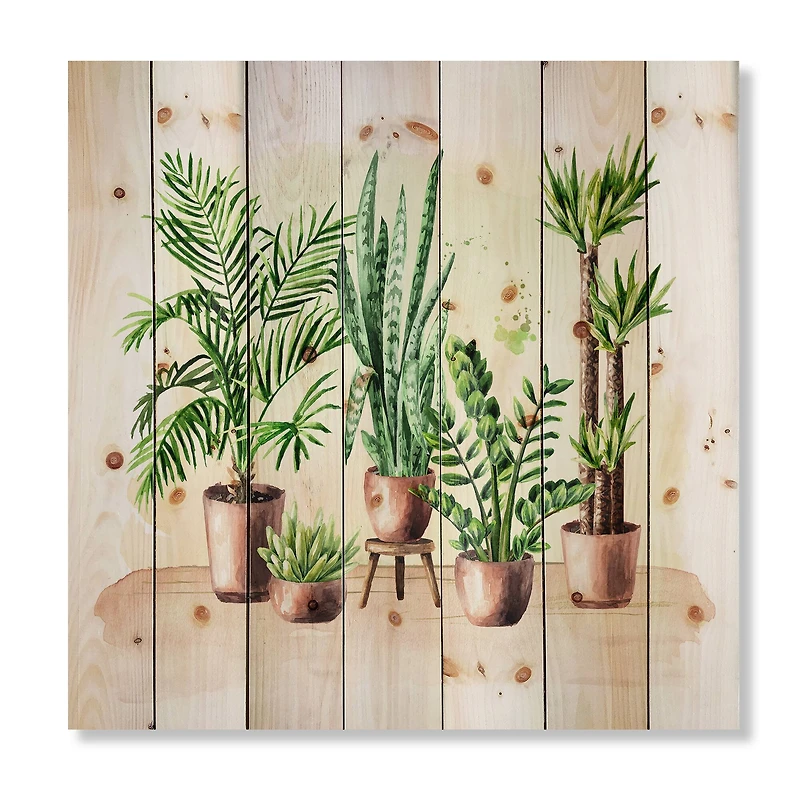 Designart - Indoor Green Home House Plants I - Traditional Print on Natural Pine Wood