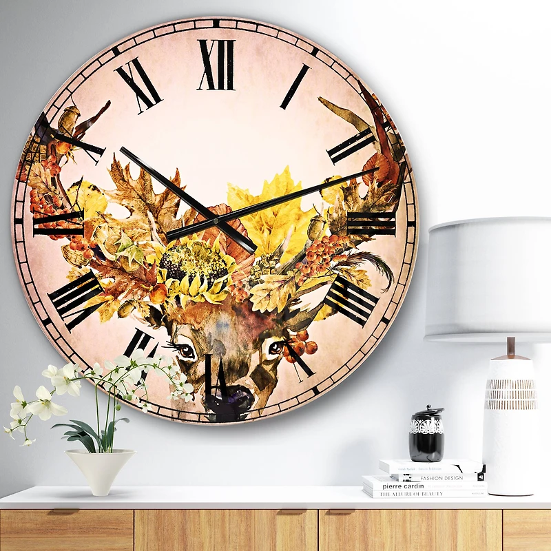 Designart Roe Deer with Flowers Traditional Wall Clock