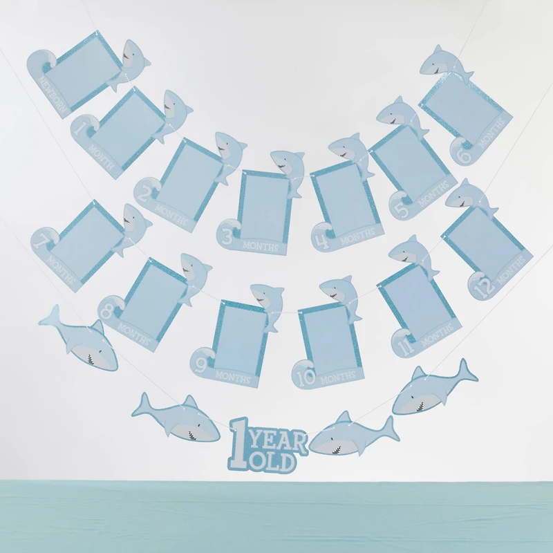 Kate Aspen® Shark Party 1st Birthday Milestone Photo Banner & Cake Topper Set