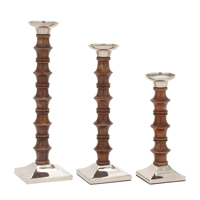 Brown Wood & Aluminum Pillar Candle Holder Set