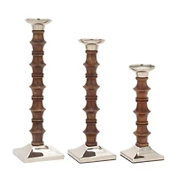 Brown Wood & Aluminum Pillar Candle Holder Set