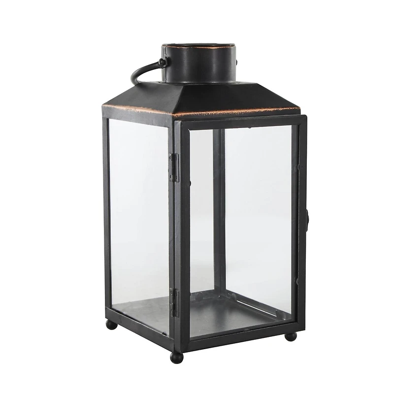 14" Black Metal Modern Candle Lantern with Gold Accents