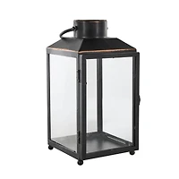 14" Black Metal Modern Candle Lantern with Gold Accents