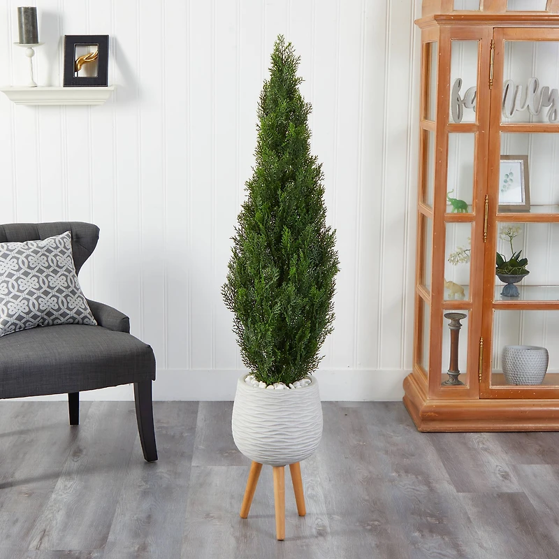5ft. Cedar Artificial Tree in White Planter with Stand (Indoor/Outdoor)