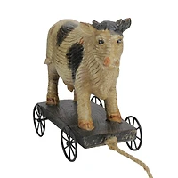 10.25" Black & White Textured Wood Cow on Cart Outdoor Garden Statue