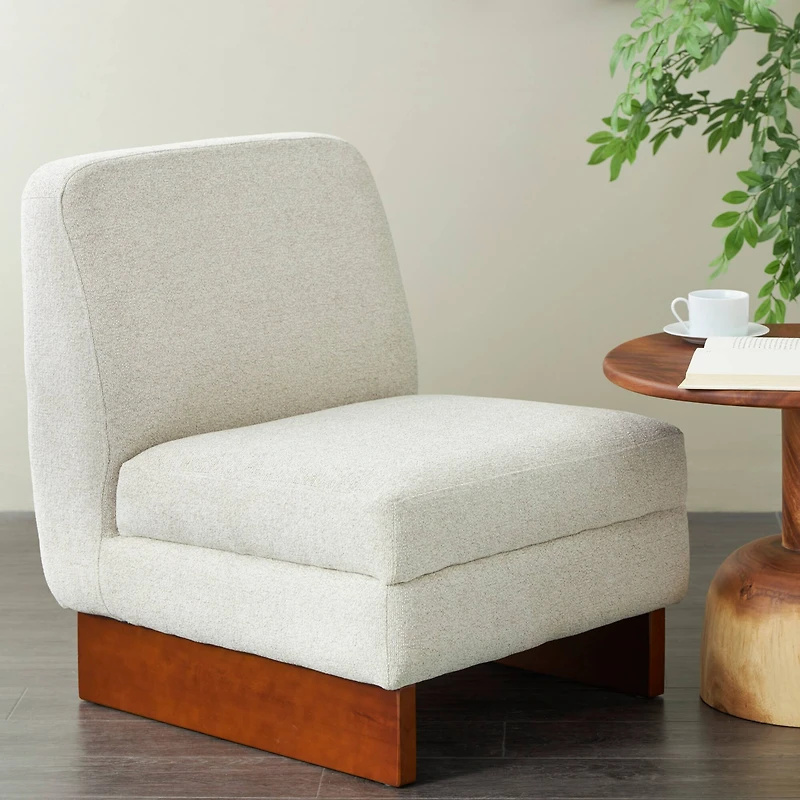 White Boucle Accent Chair with Brown Wooden Legs