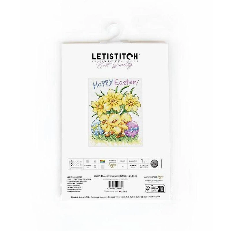 LetiStitch Three Chicks with Daffodils & Egg Counted Cross Stitch Kit