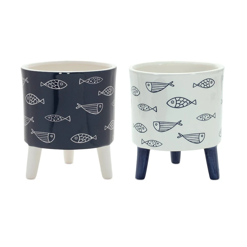 6" Coastal Fish Pattern Planters with Legs Set