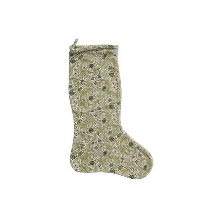 Hello Honey® 20" Green & Cream Cotton Velvet Printed Stocking with Floral Pattern