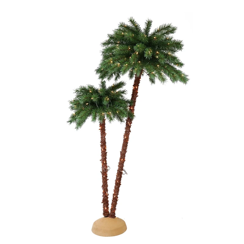 3.5ft. & 6ft. Double Trunk Pre-Lit Artificial Palm Tree, Clear Lights