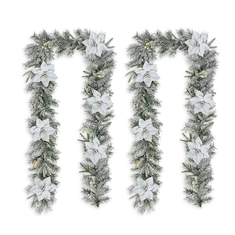 Glitzhome® 9ft. Pre-Lit Snow-Flocked Greenery Pine & Poinsettia Christmas Garlands, 2ct.