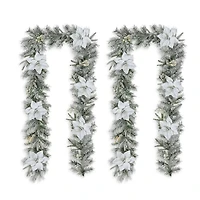 Glitzhome® 9ft. Pre-Lit Snow-Flocked Greenery Pine & Poinsettia Christmas Garlands, 2ct.