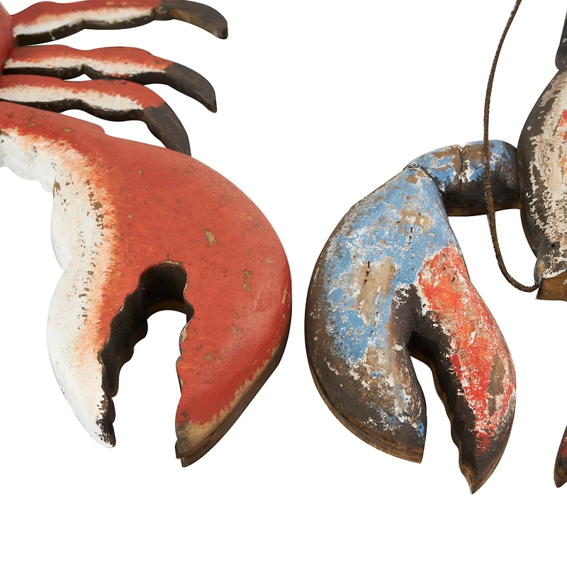 Red & Blue Wood Lobster Handmade Distressed Sculpture Set