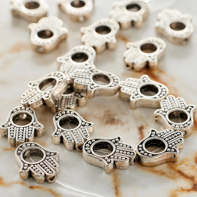12 Pack:  Silver Plated Metal Hamsa Beads, 15mm by Bead Landing™
