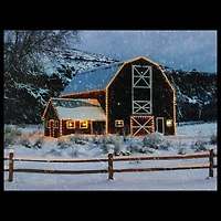 Snowy Red Barn LED Fiber Optic Canvas Wall Art