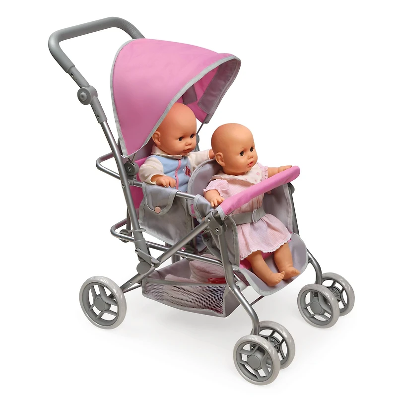 Badger Basket Gray & Pink Cruise Folding Inline Double Doll Stroller