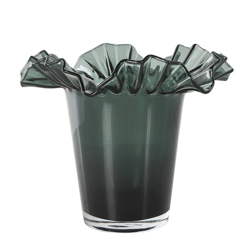Green Glass Floral Tulip Inspired Ombre Vase with Wavy Opening