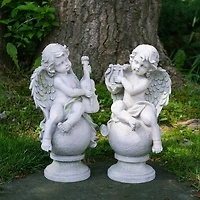14.75" Gray Cherub Angels with Instruments Sitting on Finials Outdoor Garden Statues