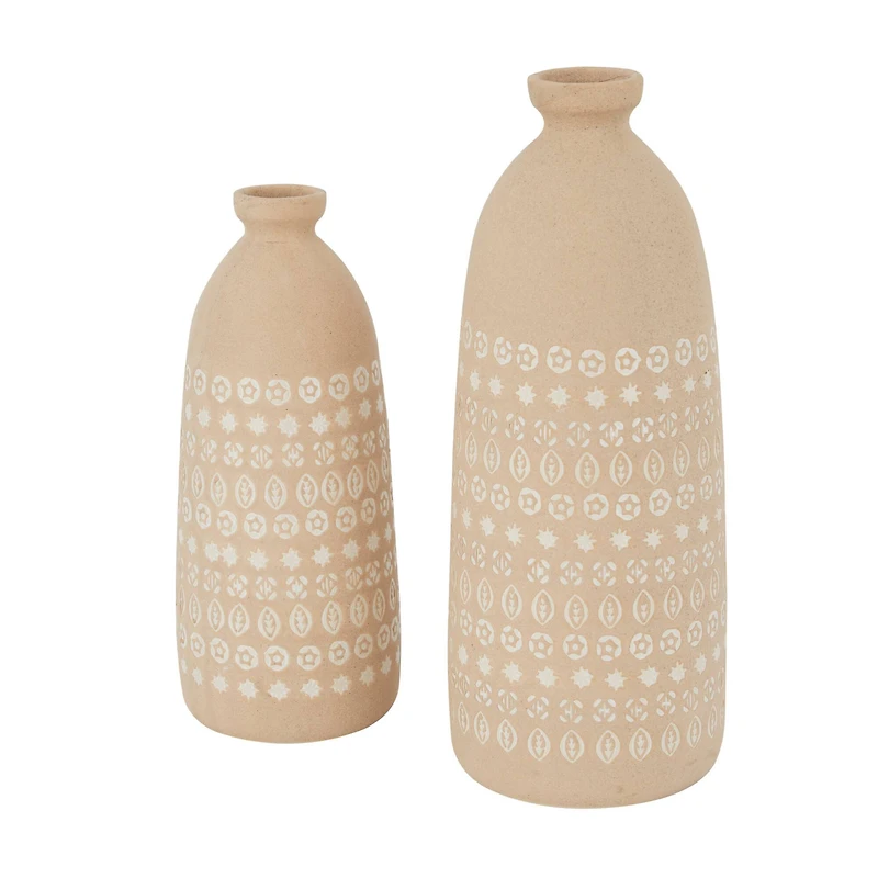 Set of 2 Beige Stoneware Rustic Vases, 15" x 5" x 5"