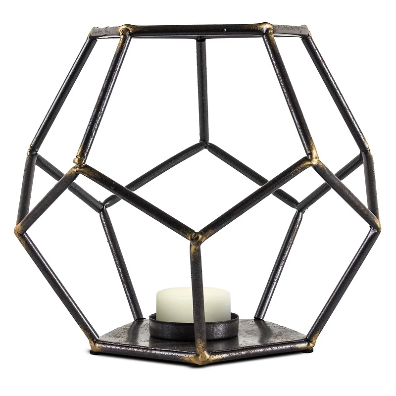 8" Dark Steel & Gold Geometric Metal Candle Holder