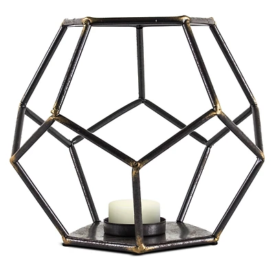 8" Dark Steel & Gold Geometric Metal Candle Holder
