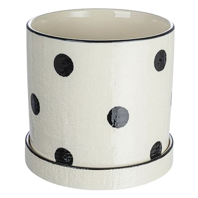 Hello Honey® 7" Black and Ivory Textured Stoneware Planter with Polka Dots and Saucer