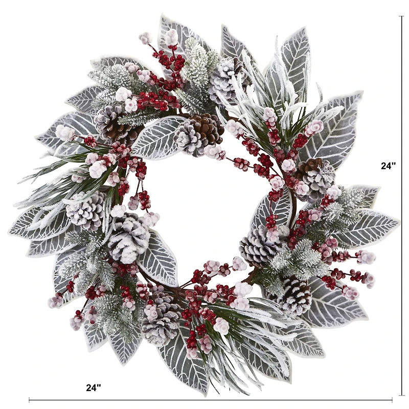 24" Snowy Magnolia Berry Wreath