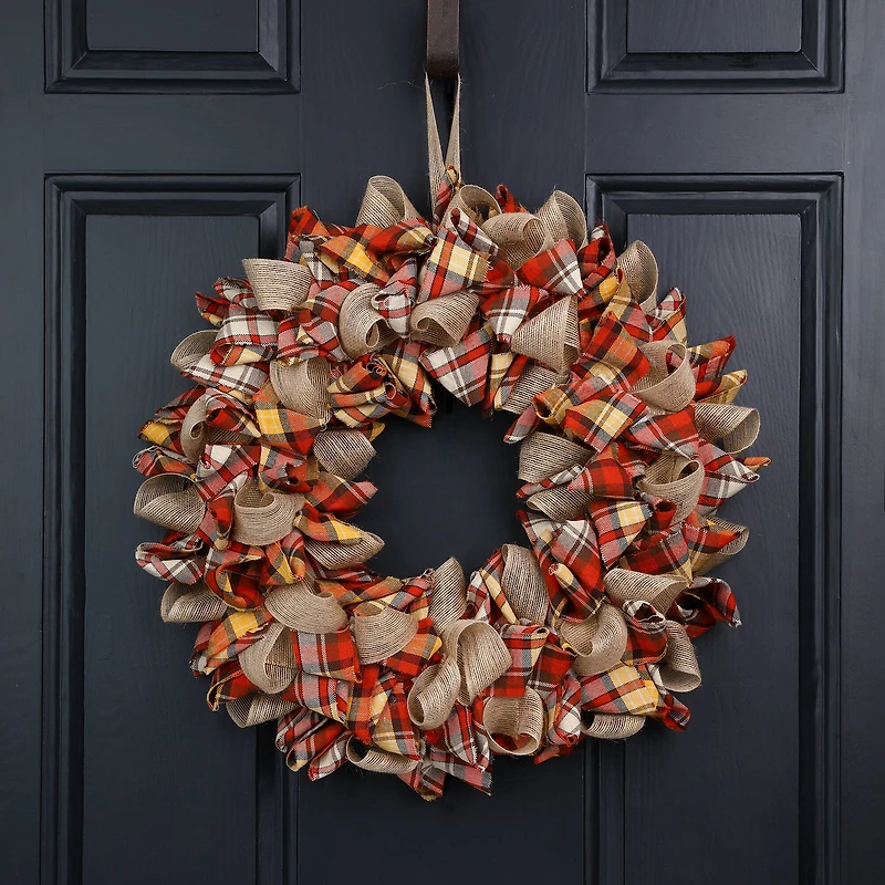 Glitzhome® 18.5" Fall Plaid Fabric Wreath