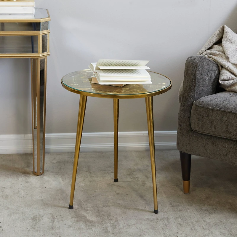 Gold Aluminum Accent Table with Clear Glass Top 20" x 19" x 22"