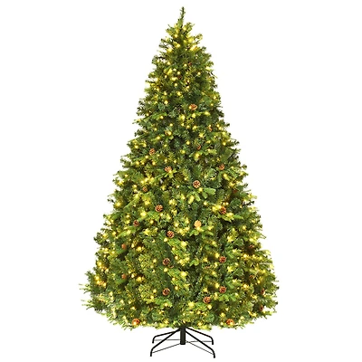 Costway 8ft. Pre-Lit Pinecones Hinged Artificial Christmas Tree, Warm White LED Lights