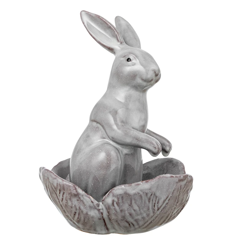 Hello Honey® 8" White Stoneware Rabbit Figurine with Flower Shaped Bowl