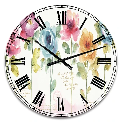 Designart 'Handpainted Rainbow Coloured Cottage Roses Traditional Wall Clock