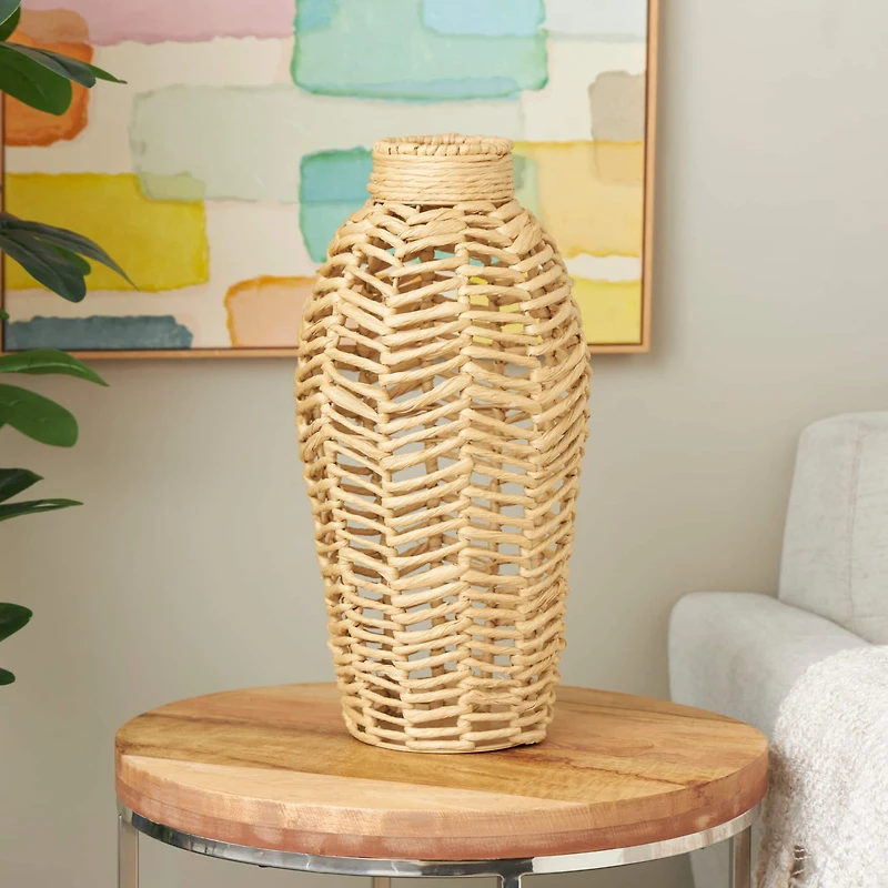 18" Brown Jute Chevron Woven Vase
